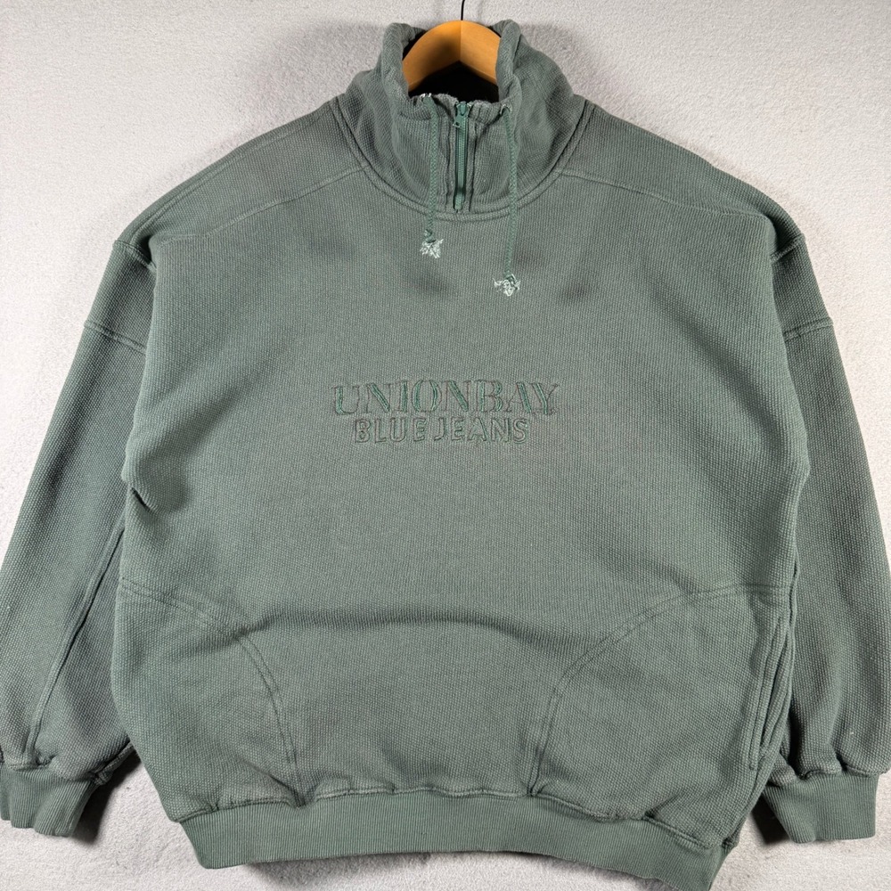 Unionbay Blue Jeans Mens Green Waffle Knit Quarter Zip Pullover Sweater Medium